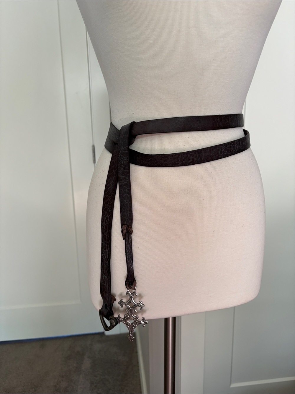 Brown Leather Wrap Belt with Silver Cross Accent
